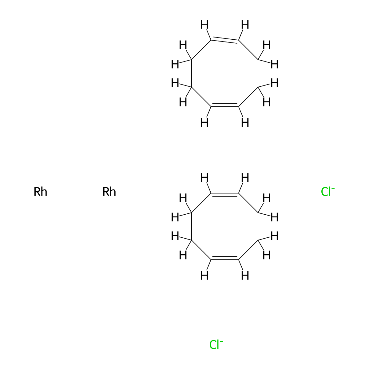 Rhodium, di-mu-chlorobis((1,2,5,6-eta)-1,5-cyclooctadiene)di- molecular structure, CAS 12092-47-6