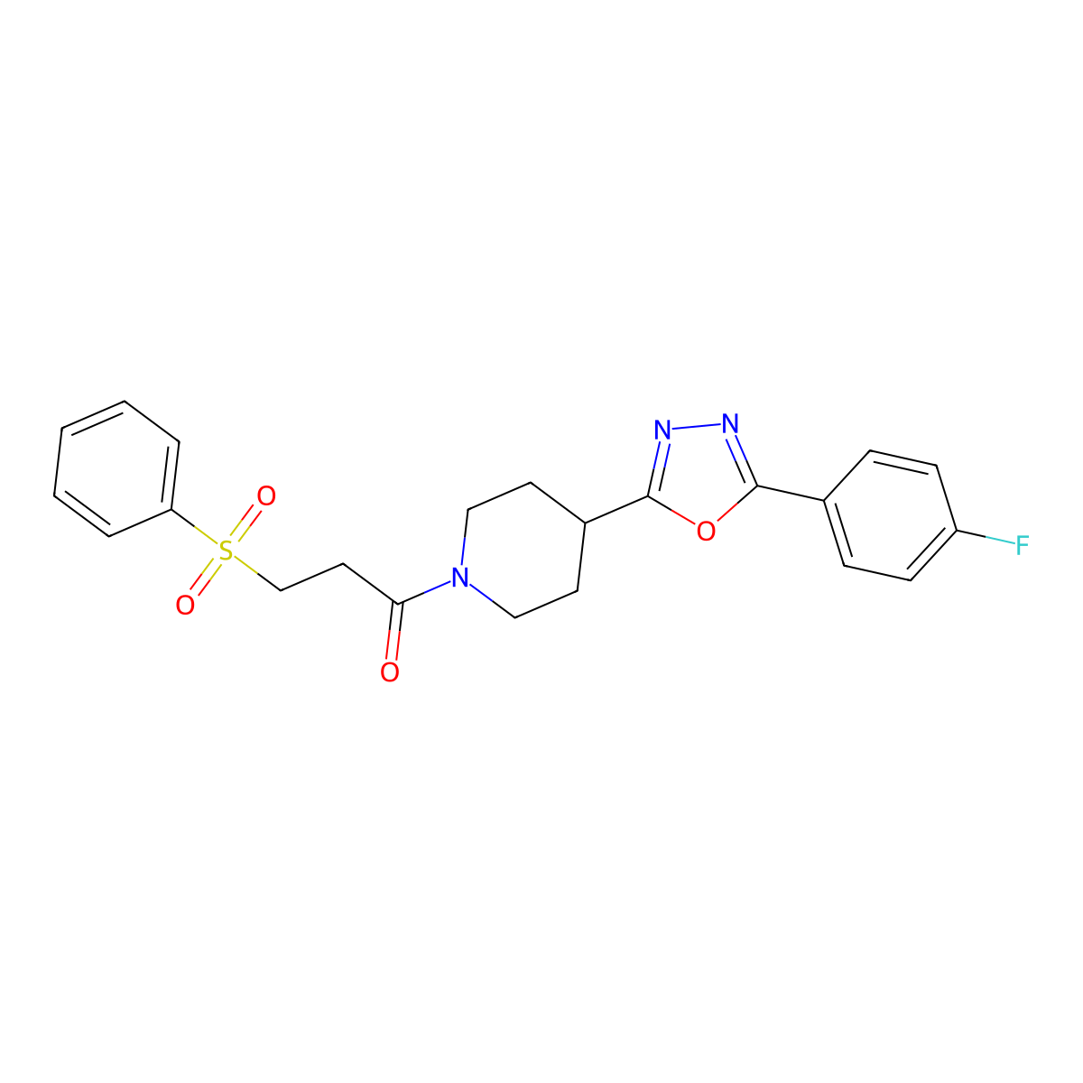 1-(4-(5-(4-Fluorophenyl)-1,3,4-oxadiazol-2-yl)piperidin-1-yl)-3-(phenylsulfonyl)propan-1-one molecular structure, CAS 1209210-46-7