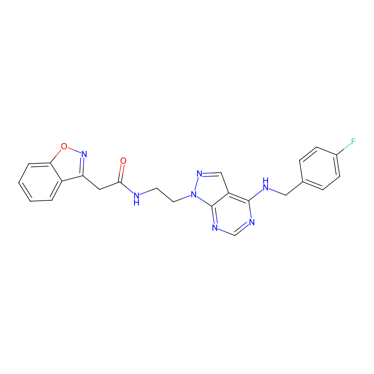 2-(benzo[d]isoxazol-3-yl)-N-(2-(4-((4-fluorobenzyl)amino)-1H-pyrazolo[3,4-d]pyrimidin-1-yl)ethyl)acetamide molecular structure, CAS 1209211-24-4