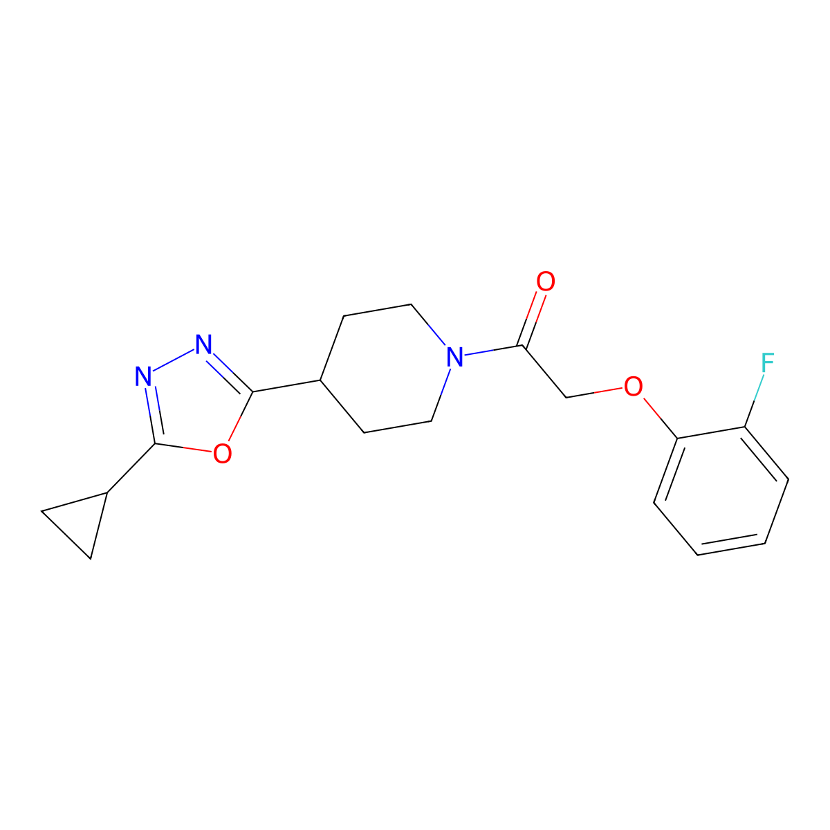 1-[4-(5-Cyclopropyl-1,3,4-oxadiazol-2-yl)piperidin-1-yl]-2-(2-fluorophenoxy)ethan-1-one molecular structure, CAS 1209223-17-5