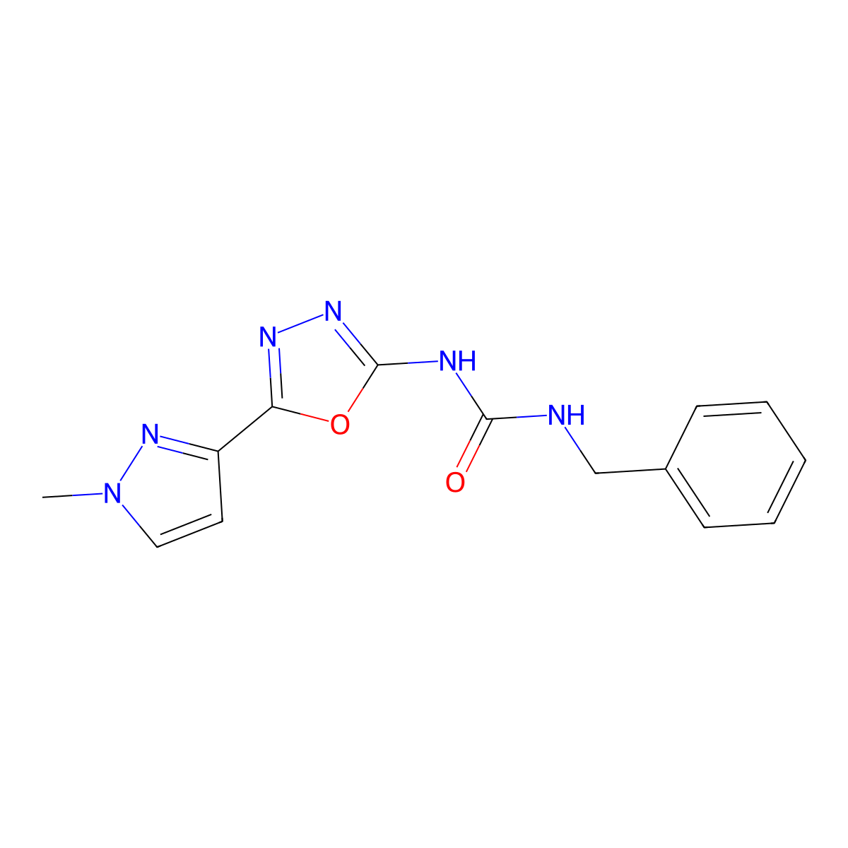 1-benzyl-3-(5-(1-methyl-1H-pyrazol-3-yl)-1,3,4-oxadiazol-2-yl)urea molecular structure, CAS 1209223-75-5