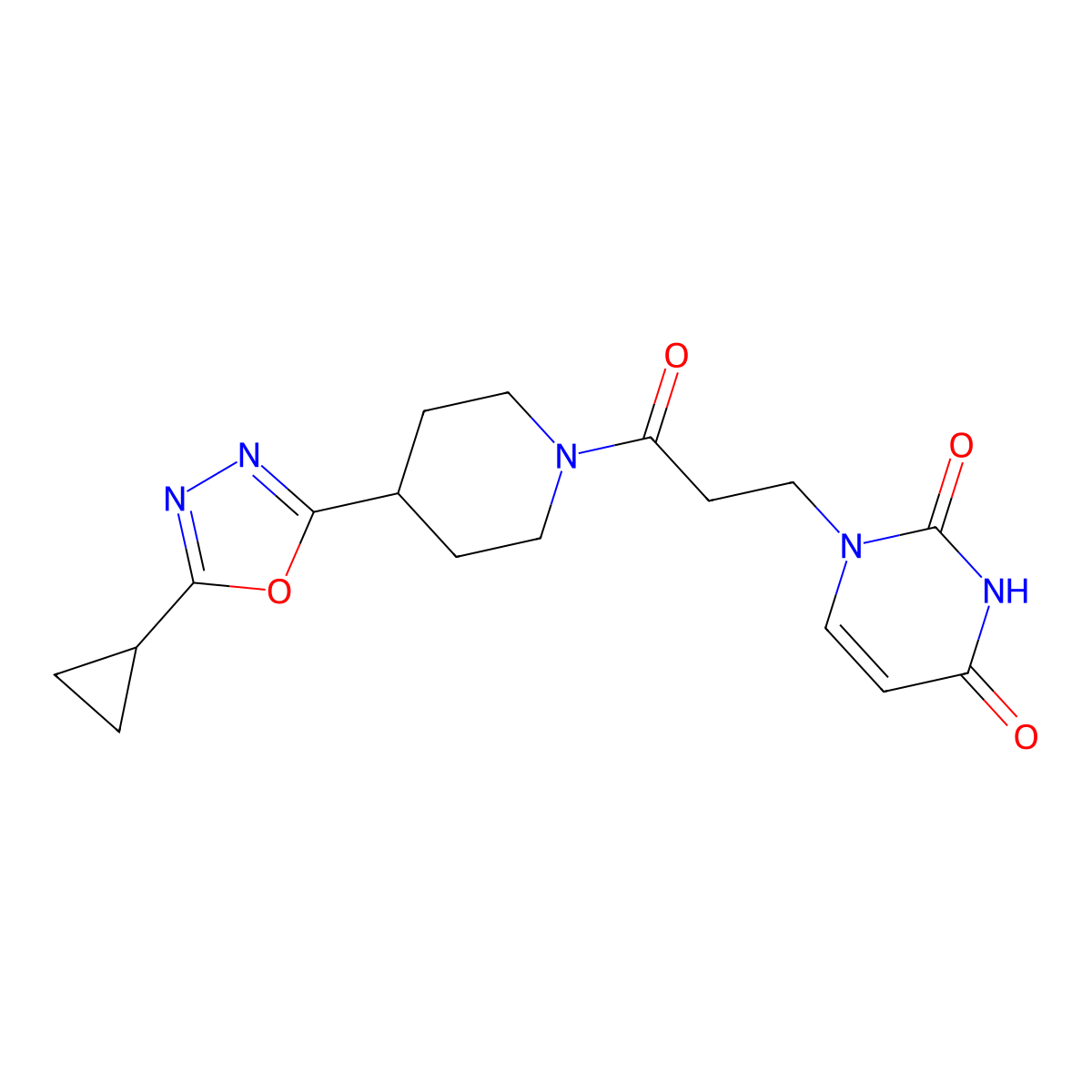 1-(3-(4-(5-cyclopropyl-1,3,4-oxadiazol-2-yl)piperidin-1-yl)-3-oxopropyl)pyrimidine-2,4(1H,3H)-dione molecular structure, CAS 1209224-39-4