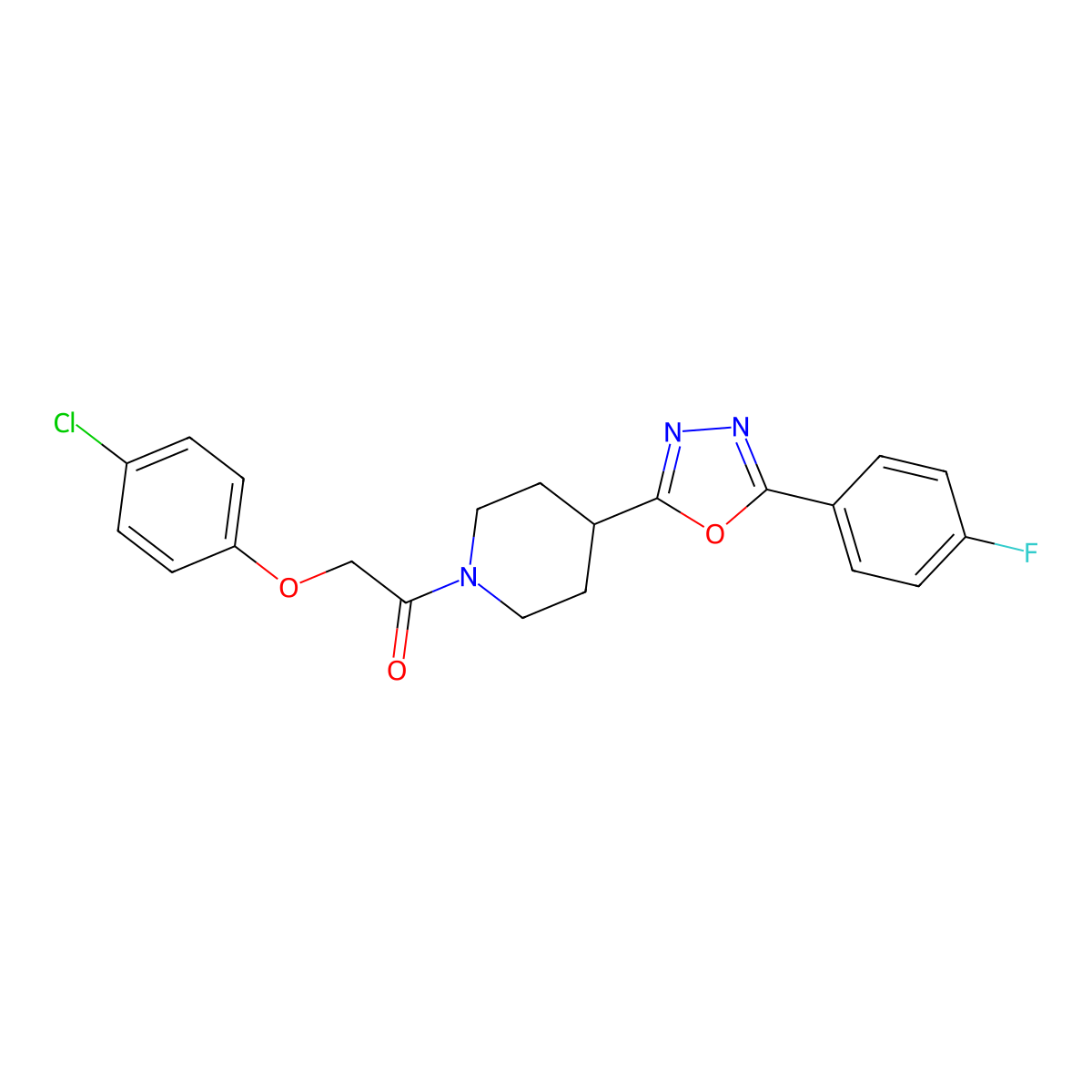 2-(4-Chlorophenoxy)-1-(4-(5-(4-fluorophenyl)-1,3,4-oxadiazol-2-yl)piperidin-1-yl)ethanone molecular structure, CAS 1209224-50-9