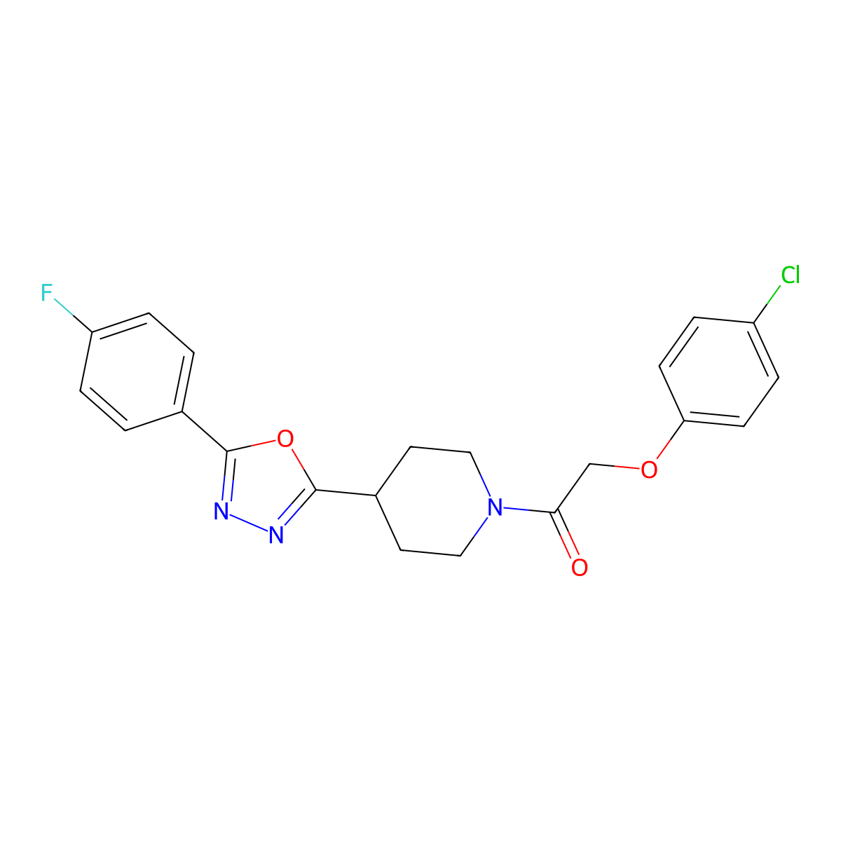 2-(4-Chlorophenoxy)-1-(4-(5-(4-fluorophenyl)-1,3,4-oxadiazol-2-yl)piperidin-1-yl)ethanone molecular structure, CAS 1209224-50-9