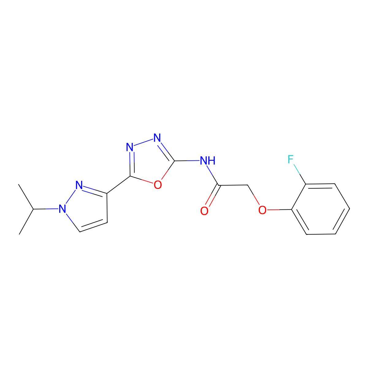2-(2-fluorophenoxy)-N-(5-(1-isopropyl-1H-pyrazol-3-yl)-1,3,4-oxadiazol-2-yl)acetamide molecular structure, CAS 1209228-44-3