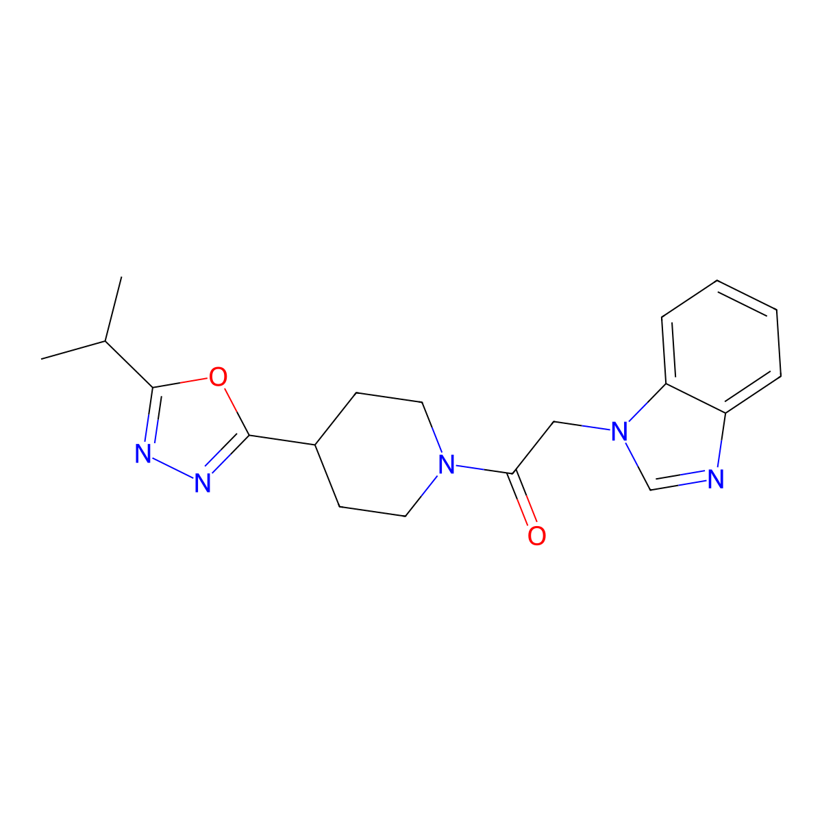 2-(1H-1,3-benzodiazol-1-yl)-1-{4-[5-(propan-2-yl)-1,3,4-oxadiazol-2-yl]piperidin-1-yl}ethan-1-one molecular structure, CAS 1209233-69-1