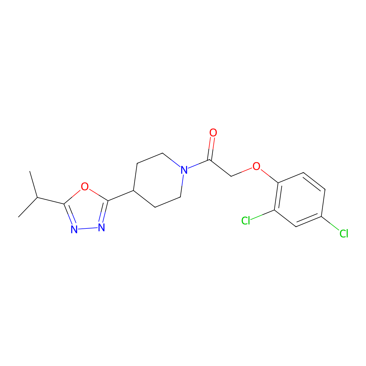 2-(2,4-Dichlorophenoxy)-1-(4-(5-isopropyl-1,3,4-oxadiazol-2-yl)piperidin-1-yl)ethanone molecular structure, CAS 1209237-38-6