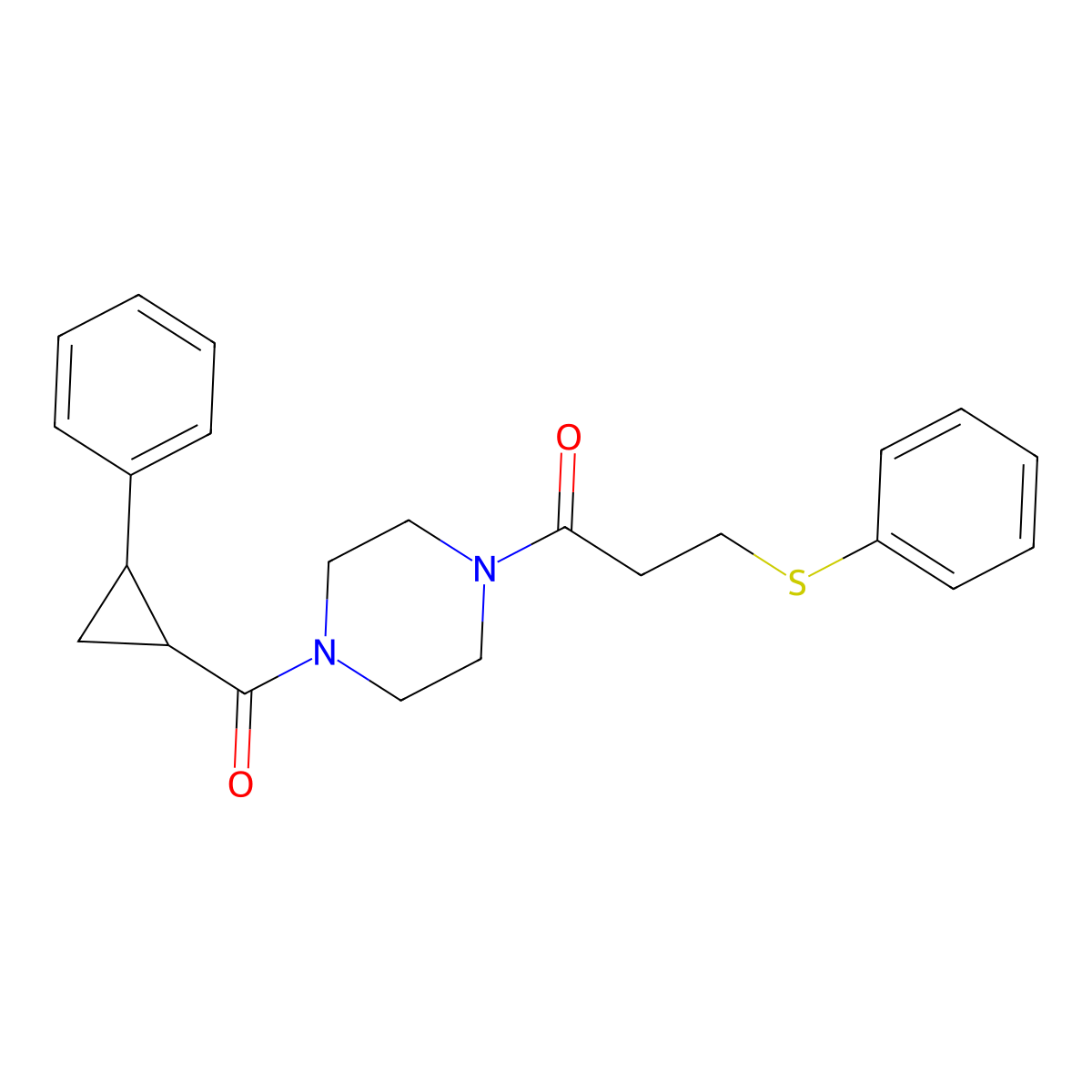 1-(4-(2-Phenylcyclopropanecarbonyl)piperazin-1-yl)-3-(phenylthio)propan-1-one molecular structure, CAS 1209240-67-4