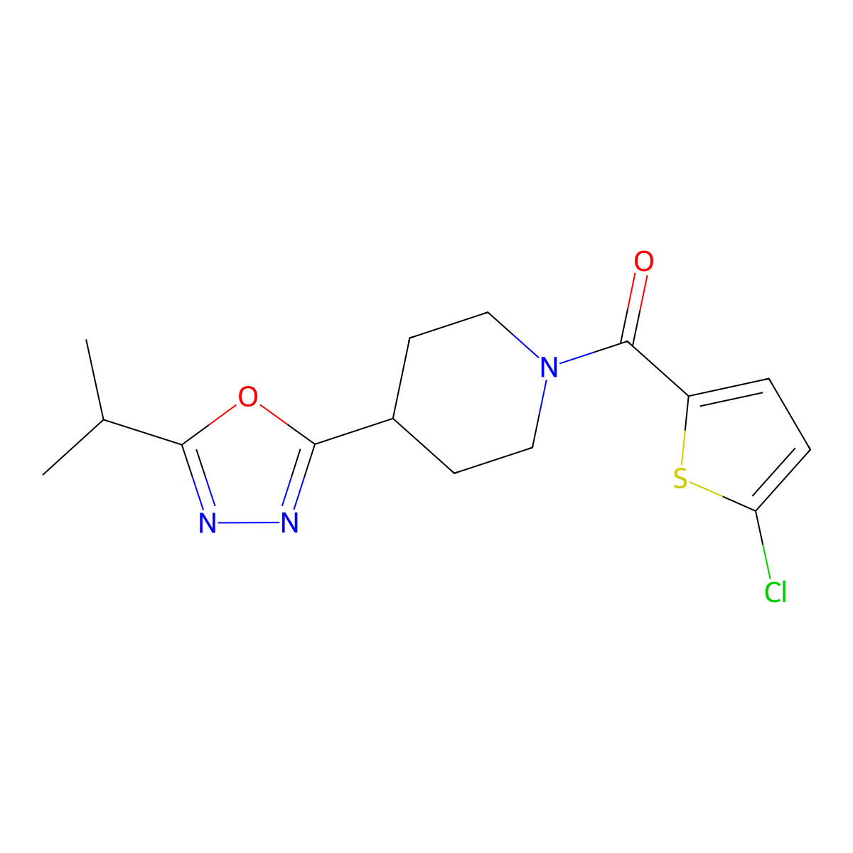 (5-Chlorothiophen-2-yl)(4-(5-isopropyl-1,3,4-oxadiazol-2-yl)piperidin-1-yl)methanone molecular structure, CAS 1209253-18-8