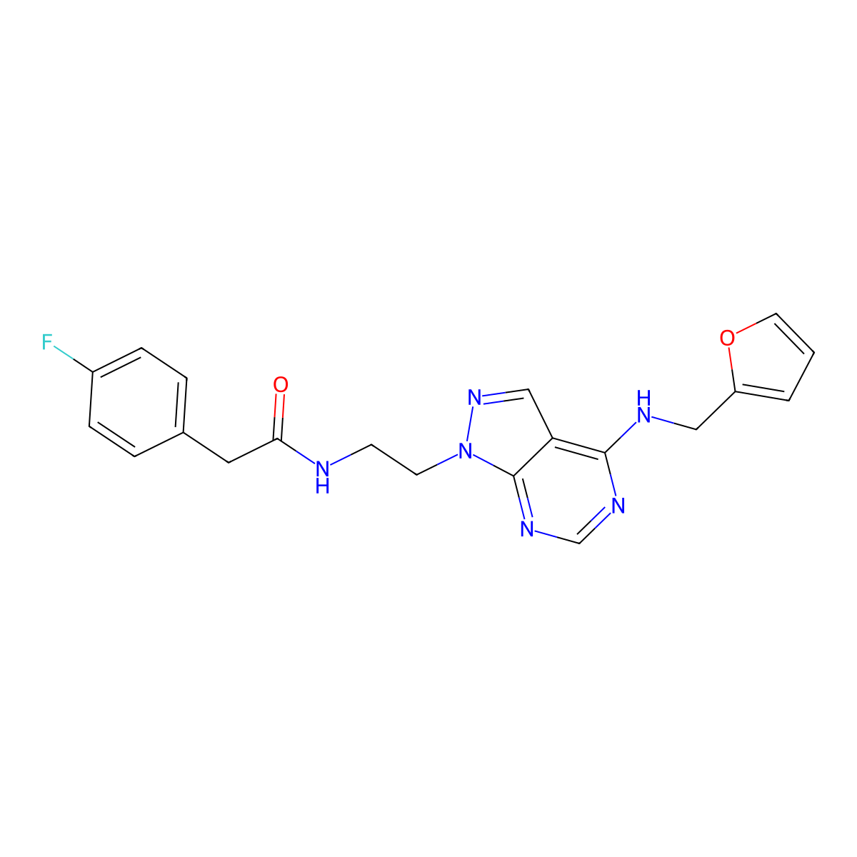 2-(4-fluorophenyl)-N-(2-(4-((furan-2-ylmethyl)amino)-1H-pyrazolo[3,4-d]pyrimidin-1-yl)ethyl)acetamide molecular structure, CAS 1209258-57-0