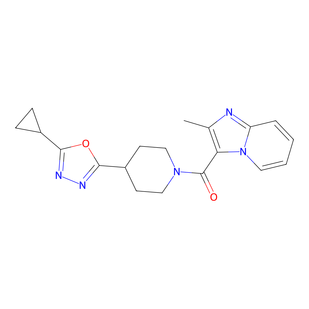 (4-(5-Cyclopropyl-1,3,4-oxadiazol-2-yl)piperidin-1-yl)(2-methylimidazo[1,2-a]pyridin-3-yl)methanone molecular structure, CAS 1209263-00-2
