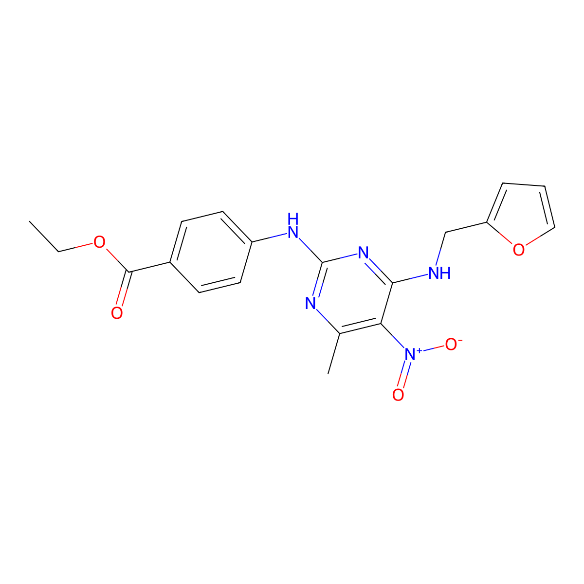 Ethyl 4-((4-((furan-2-ylmethyl)amino)-6-methyl-5-nitropyrimidin-2-yl)amino)benzoate molecular structure, CAS 1209278-80-7
