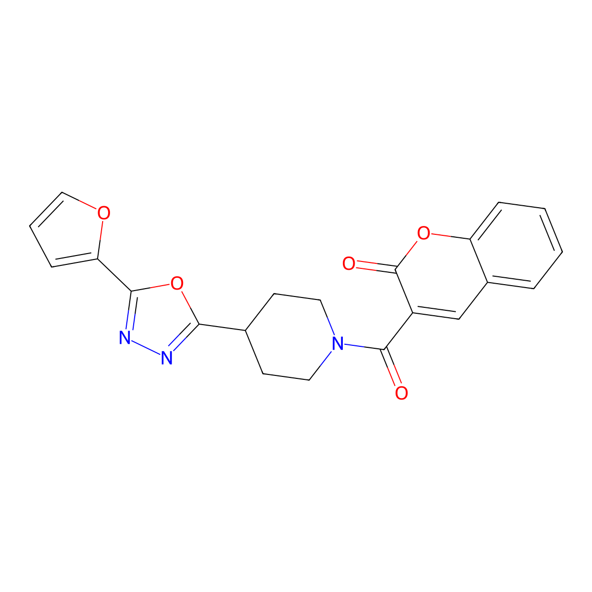 3-{4-[5-(furan-2-yl)-1,3,4-oxadiazol-2-yl]piperidine-1-carbonyl}-2H-chromen-2-one molecular structure, CAS 1209282-81-4