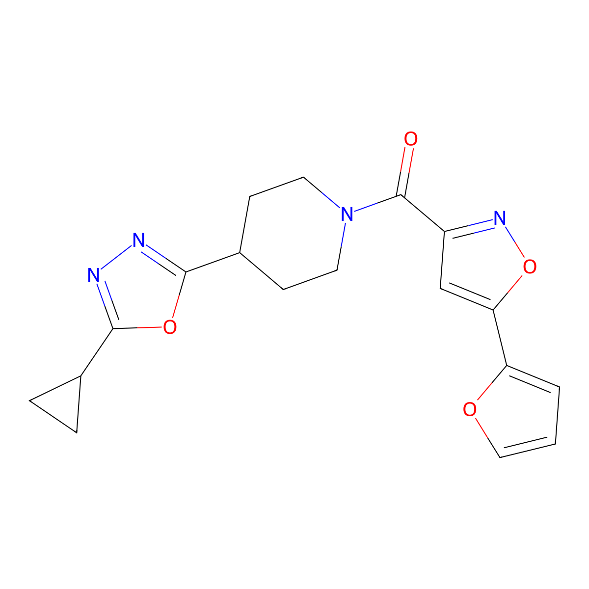 4-(5-Cyclopropyl-1,3,4-oxadiazol-2-yl)-1-[5-(furan-2-yl)-1,2-oxazole-3-carbonyl]piperidine molecular structure, CAS 1209299-62-6