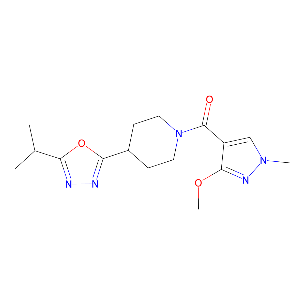 (4-(5-isopropyl-1,3,4-oxadiazol-2-yl)piperidin-1-yl)(3-methoxy-1-methyl-1H-pyrazol-4-yl)methanone molecular structure, CAS 1209322-17-7