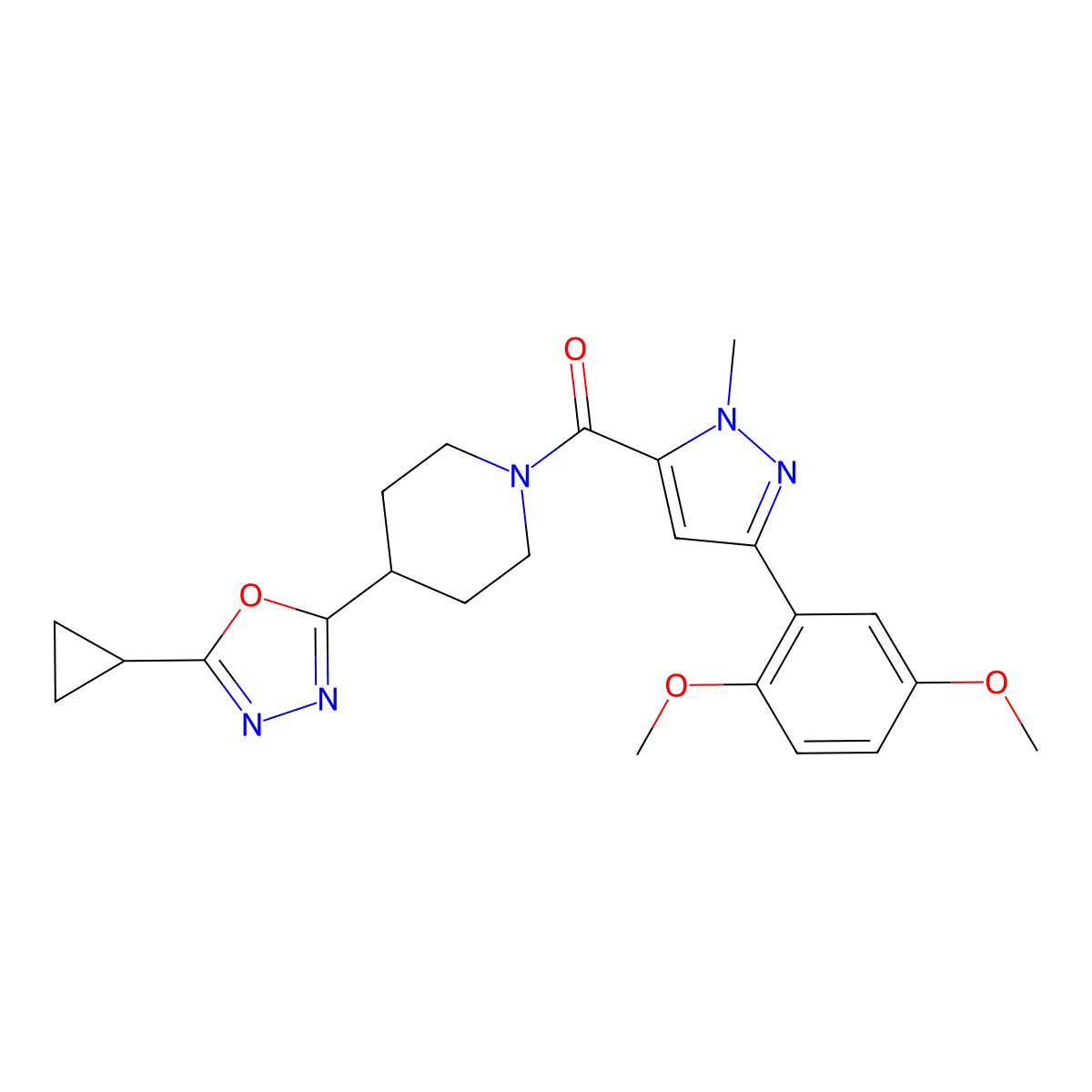(4-(5-cyclopropyl-1,3,4-oxadiazol-2-yl)piperidin-1-yl)(3-(2,5-dimethoxyphenyl)-1-methyl-1H-pyrazol-5-yl)methanone molecular structure, CAS 1209335-76-1