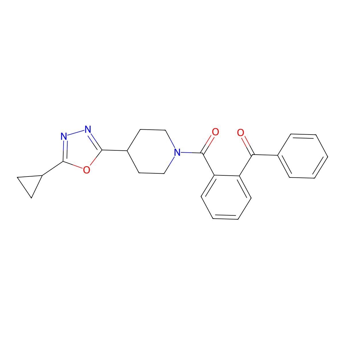 (2-Benzoylphenyl)(4-(5-cyclopropyl-1,3,4-oxadiazol-2-yl)piperidin-1-yl)methanone molecular structure, CAS 1209343-77-0