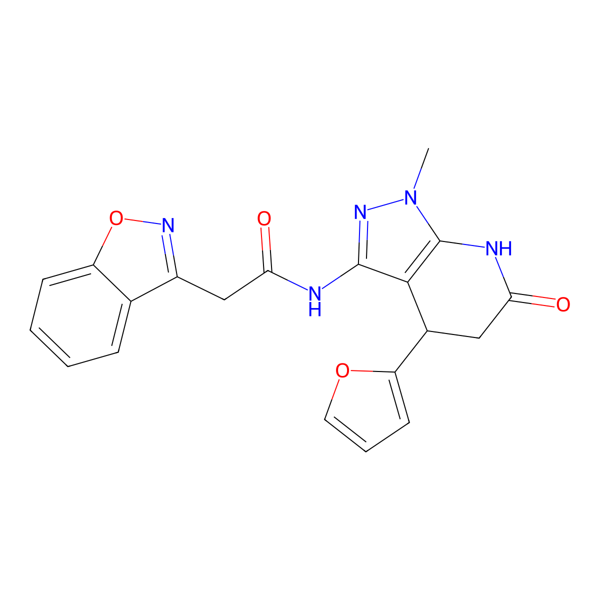 2-(benzo[d]isoxazol-3-yl)-N-(4-(furan-2-yl)-1-methyl-6-oxo-4,5,6,7-tetrahydro-1H-pyrazolo[3,4-b]pyridin-3-yl)acetamide molecular structure, CAS 1209343-88-3