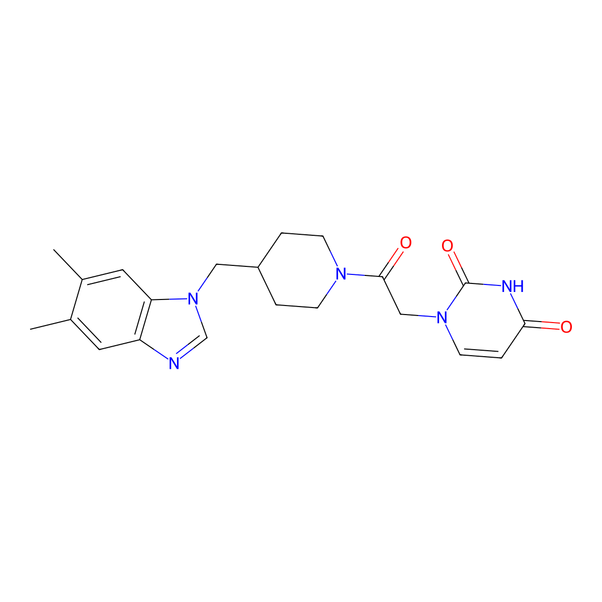 1-(2-(4-((5,6-dimethyl-1H-benzo[d]imidazol-1-yl)methyl)piperidin-1-yl)-2-oxoethyl)pyrimidine-2,4(1H,3H)-dione molecular structure, CAS 1209347-16-9