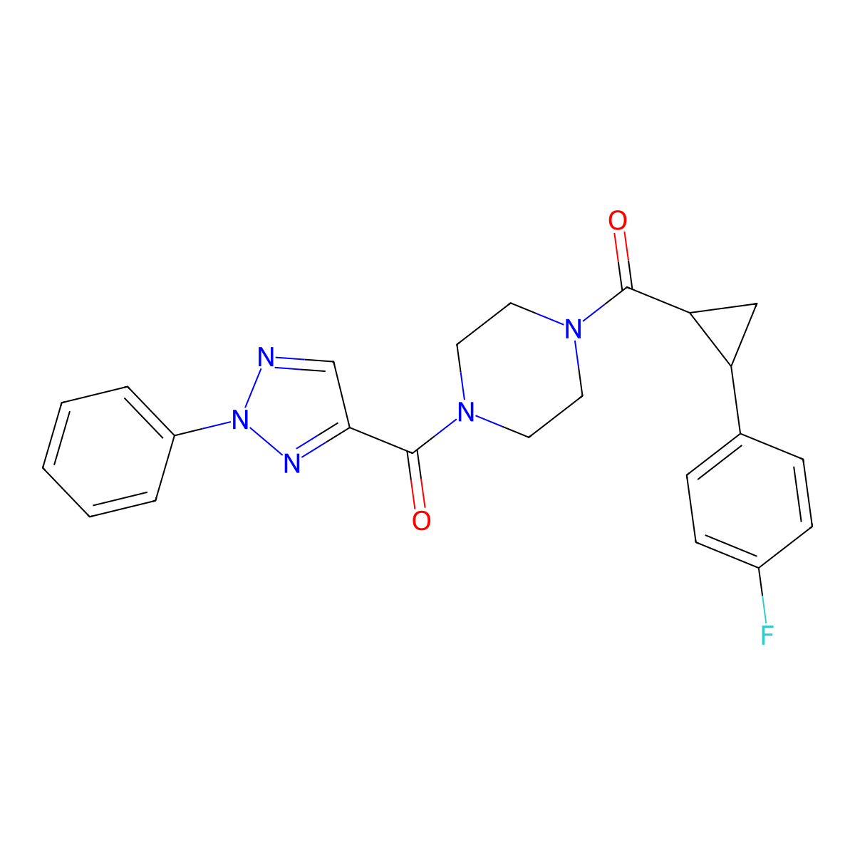 (4-(2-(4-fluorophenyl)cyclopropanecarbonyl)piperazin-1-yl)(2-phenyl-2H-1,2,3-triazol-4-yl)methanone molecular structure, CAS 1209362-43-5