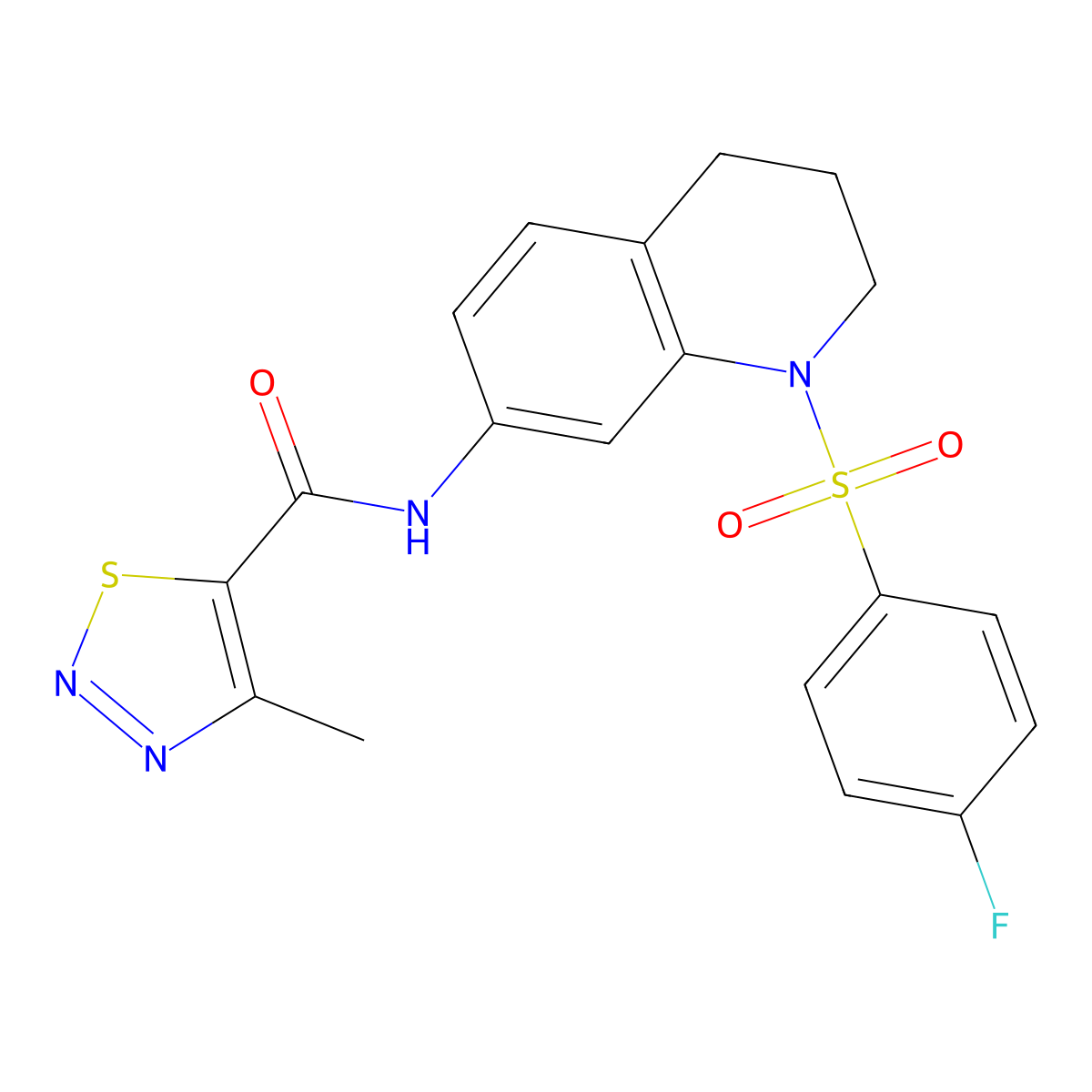 N-(1-((4-fluorophenyl)sulfonyl)-1,2,3,4-tetrahydroquinolin-7-yl)-4-methyl-1,2,3-thiadiazole-5-carboxamide molecular structure, CAS 1209366-00-6