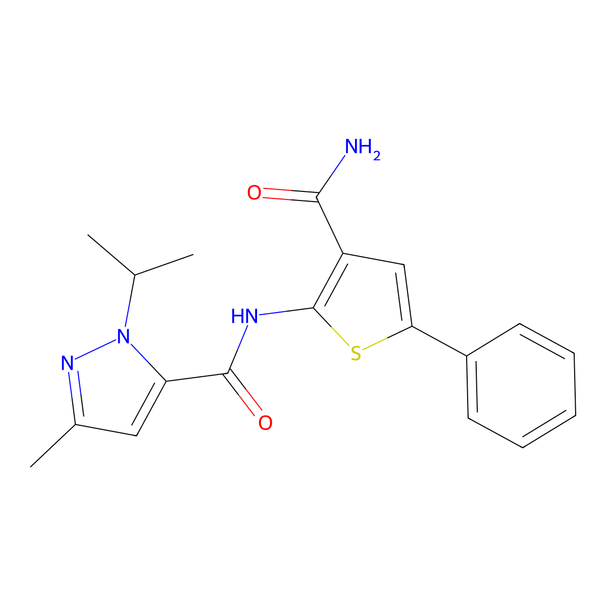 N-(3-carbamoyl-5-phenylthiophen-2-yl)-1-isopropyl-3-methyl-1H-pyrazole-5-carboxamide molecular structure, CAS 1209370-20-6