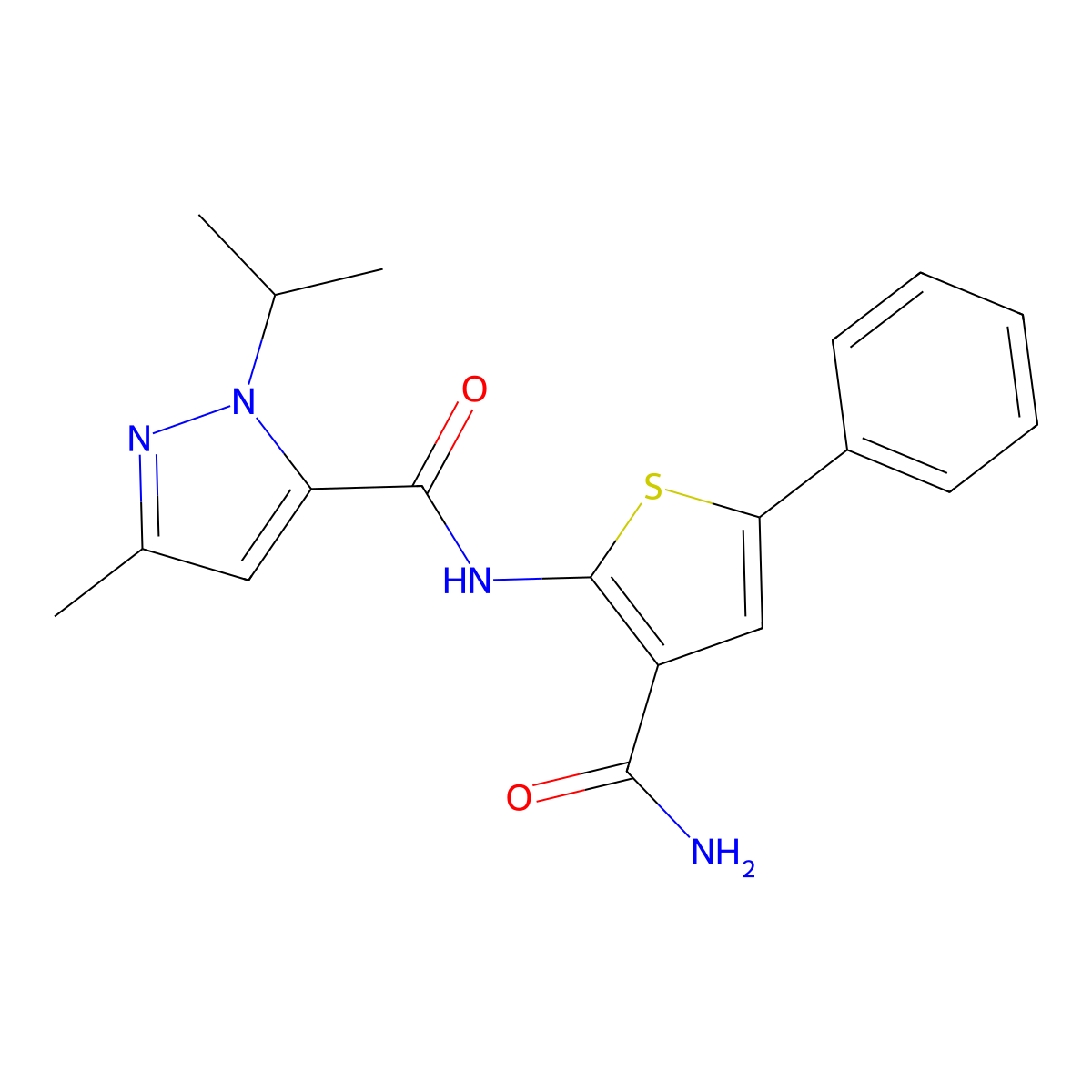N-(3-carbamoyl-5-phenylthiophen-2-yl)-1-isopropyl-3-methyl-1H-pyrazole-5-carboxamide molecular structure, CAS 1209370-20-6