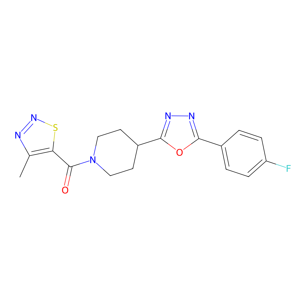 (4-(5-(4-Fluorophenyl)-1,3,4-oxadiazol-2-yl)piperidin-1-yl)(4-methyl-1,2,3-thiadiazol-5-yl)methanone molecular structure, CAS 1209370-62-6