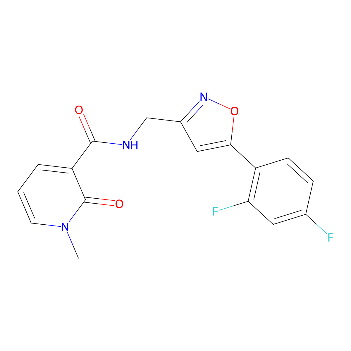 N-((5-(2,4-difluorophenyl)isoxazol-3-yl)methyl)-1-methyl-2-oxo-1,2-dihydropyridine-3-carboxamide molecular structure, CAS 1209370-84-2
