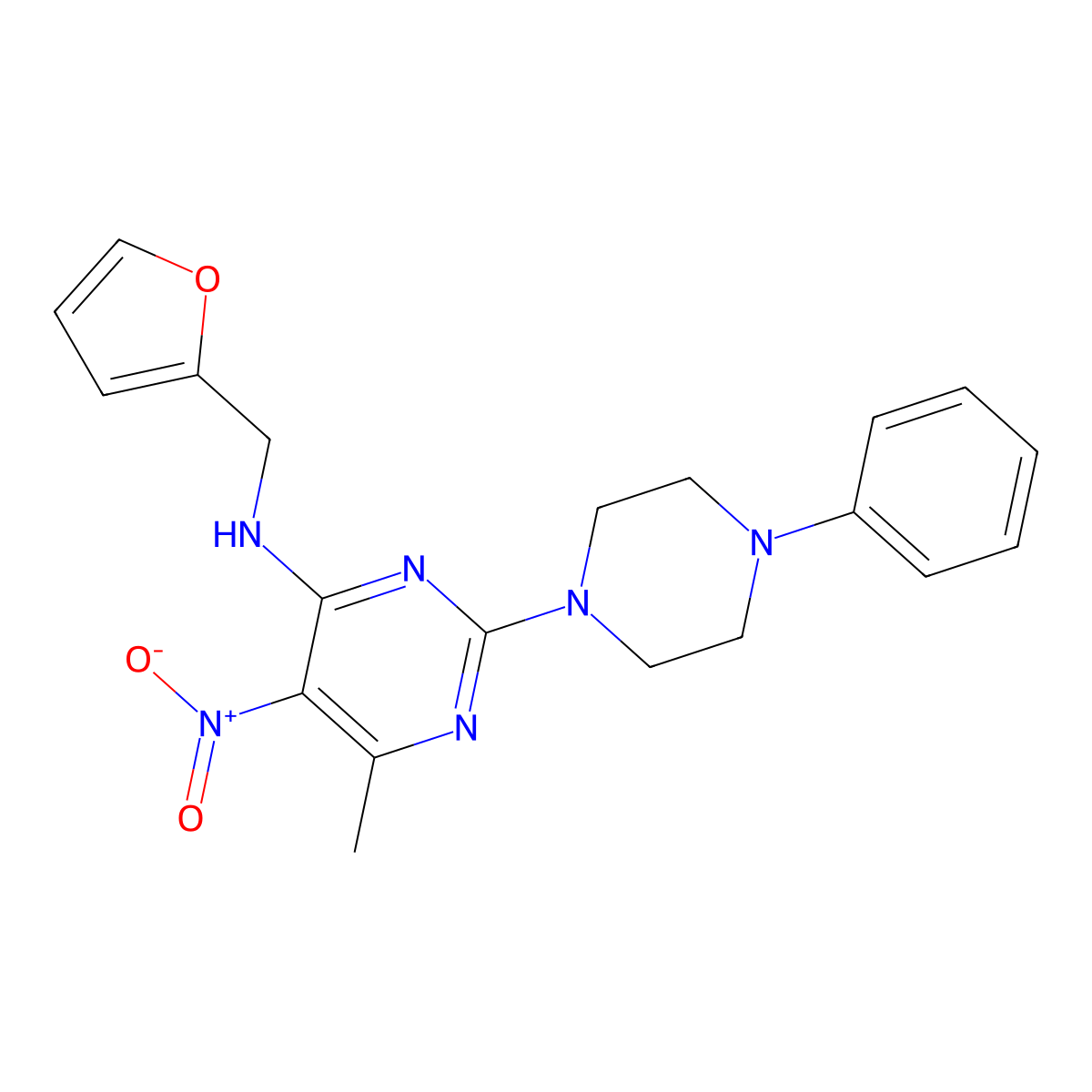 N-(furan-2-ylmethyl)-6-methyl-5-nitro-2-(4-phenylpiperazin-1-yl)pyrimidin-4-amine molecular structure, CAS 1209375-79-0