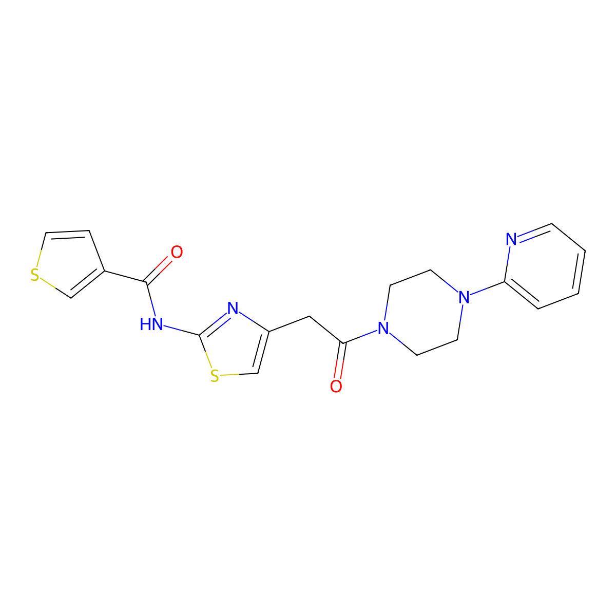 N-(4-(2-oxo-2-(4-(pyridin-2-yl)piperazin-1-yl)ethyl)thiazol-2-yl)thiophene-3-carboxamide molecular structure, CAS 1209378-00-6