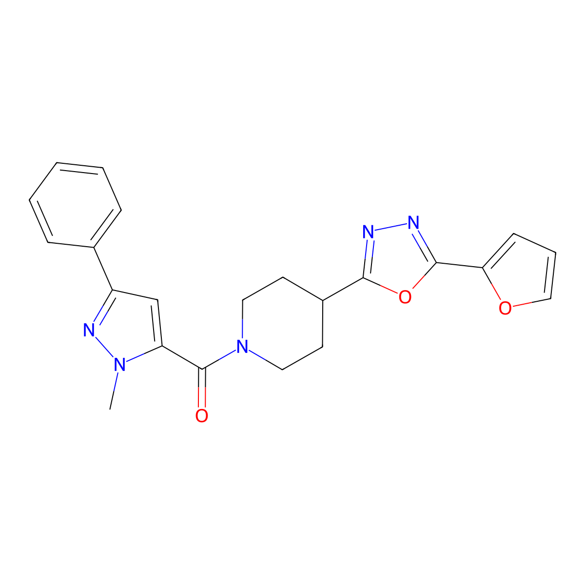(4-(5-(furan-2-yl)-1,3,4-oxadiazol-2-yl)piperidin-1-yl)(1-methyl-3-phenyl-1H-pyrazol-5-yl)methanone molecular structure, CAS 1209408-97-8