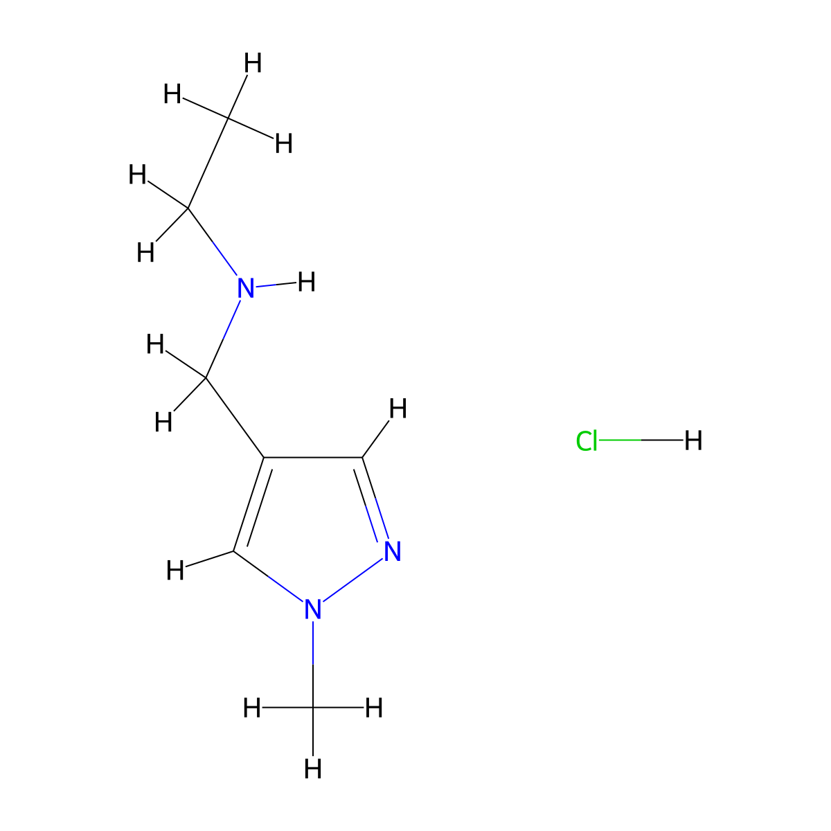 ethyl((1-methyl-1H-pyrazol-4-yl)methyl)amine hydrochloride molecular structure, CAS 1209417-66-2