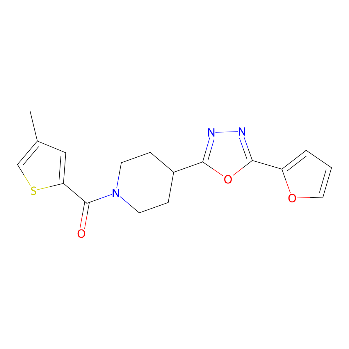 (4-(5-(Furan-2-yl)-1,3,4-oxadiazol-2-yl)piperidin-1-yl)(4-methylthiophen-2-yl)methanone molecular structure, CAS 1209418-24-5