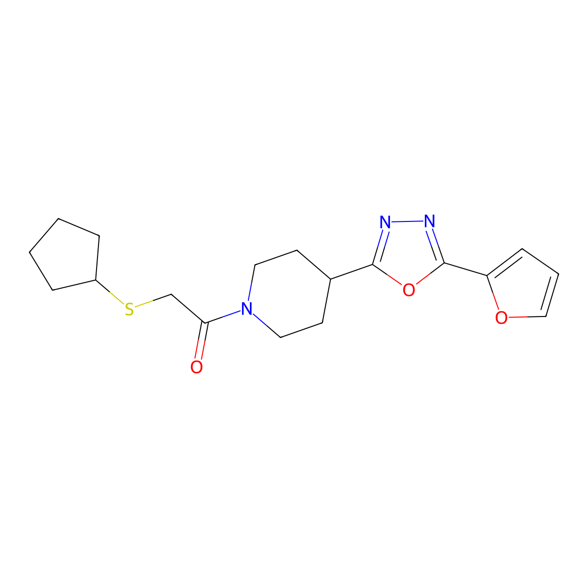 2-(Cyclopentylthio)-1-(4-(5-(furan-2-yl)-1,3,4-oxadiazol-2-yl)piperidin-1-yl)ethanone molecular structure, CAS 1209429-02-6