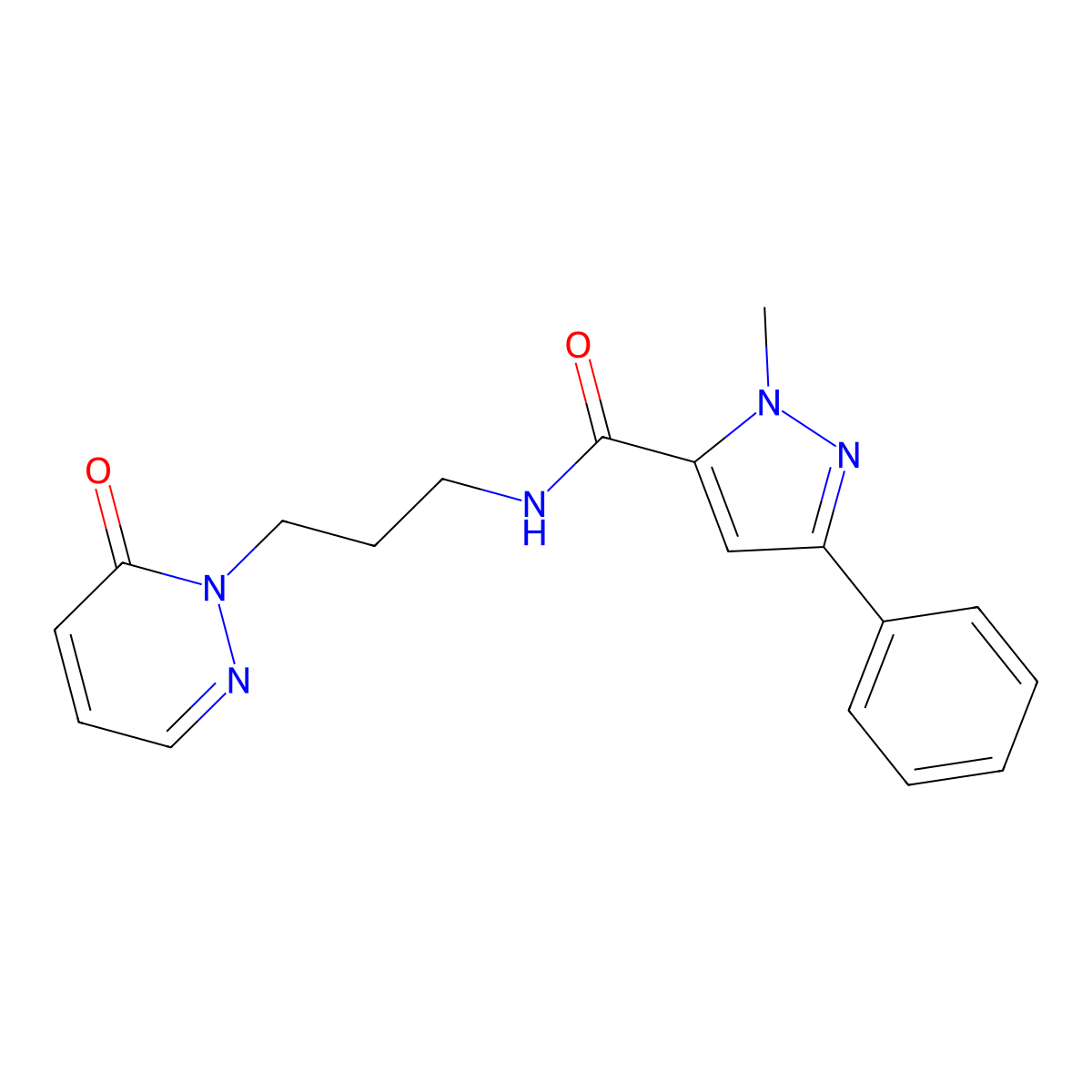 1-methyl-N-(3-(6-oxopyridazin-1(6H)-yl)propyl)-3-phenyl-1H-pyrazole-5-carboxamide molecular structure, CAS 1209434-37-6