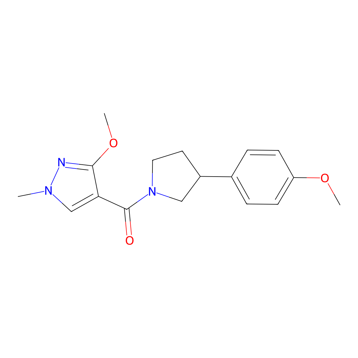 (3-methoxy-1-methyl-1H-pyrazol-4-yl)(3-(4-methoxyphenyl)pyrrolidin-1-yl)methanone molecular structure, CAS 1209442-56-7