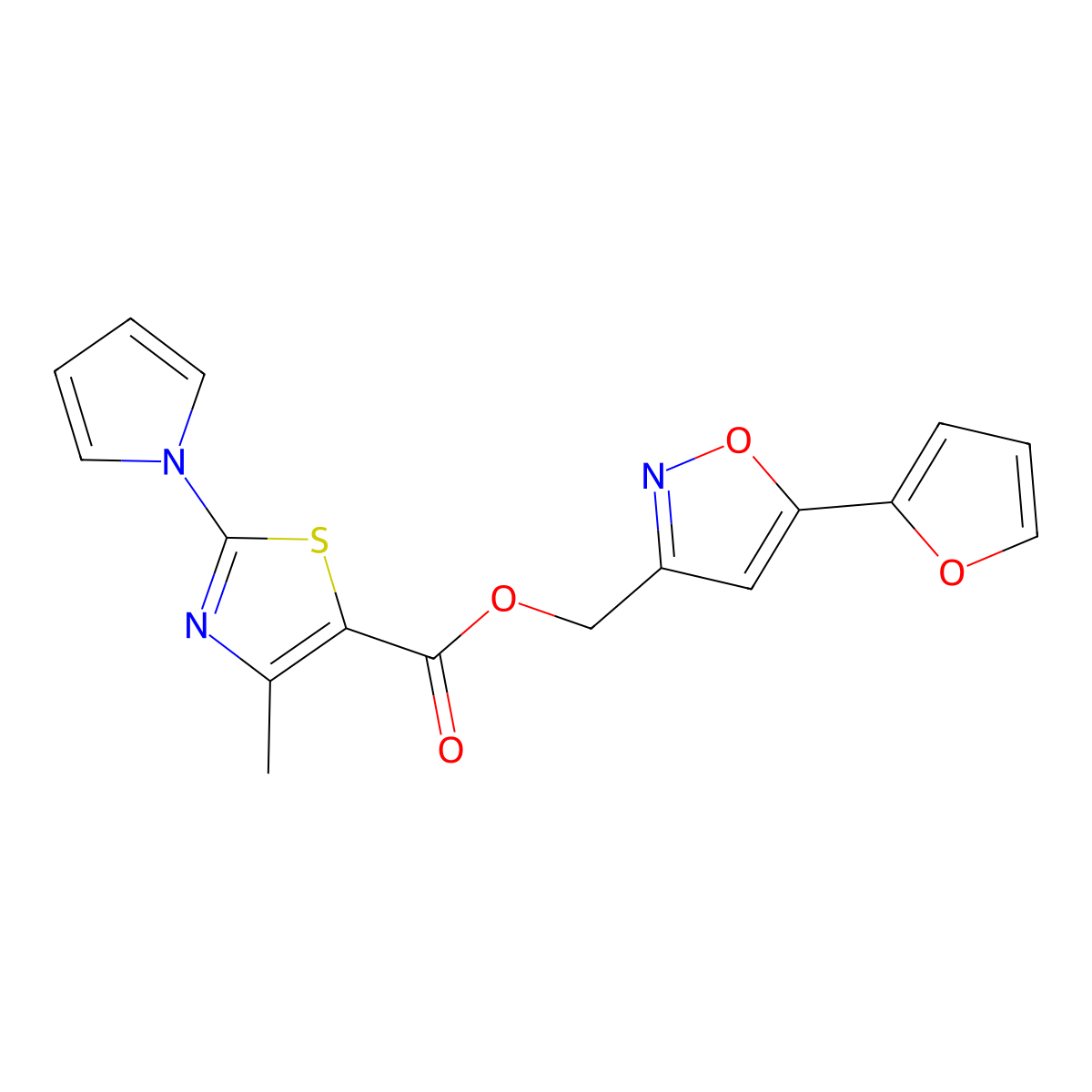(5-(furan-2-yl)isoxazol-3-yl)methyl 4-methyl-2-(1H-pyrrol-1-yl)thiazole-5-carboxylate molecular structure, CAS 1209448-09-8