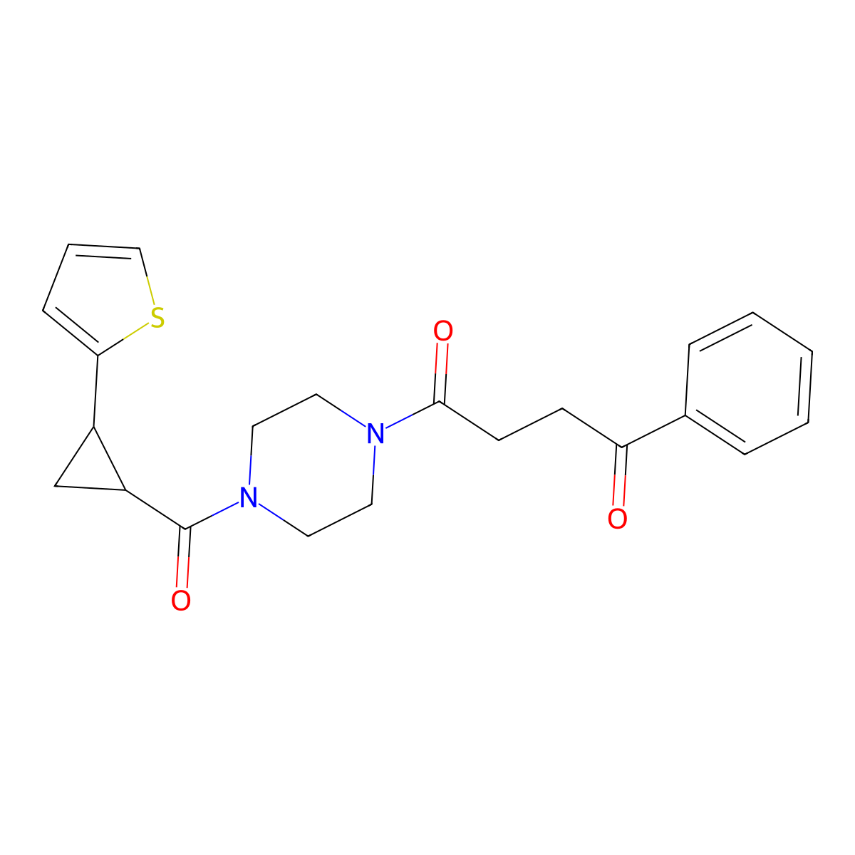 1-Phenyl-4-(4-(2-(thiophen-2-yl)cyclopropanecarbonyl)piperazin-1-yl)butane-1,4-dione molecular structure, CAS 1209453-13-3