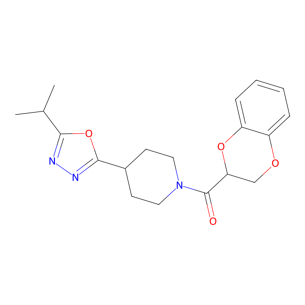 (2,3-Dihydrobenzo[b][1,4]dioxin-2-yl)(4-(5-isopropyl-1,3,4-oxadiazol-2-yl)piperidin-1-yl)methanone molecular structure, CAS 1209454-71-6