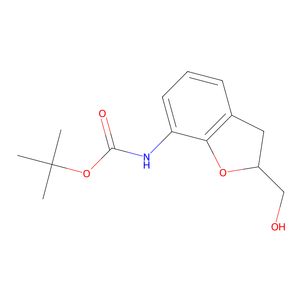 Tert-butyl 2,3-dihydro-2-(hydroxymethyl)benzofuran-7-ylcarbamate molecular structure, CAS 1209460-19-4