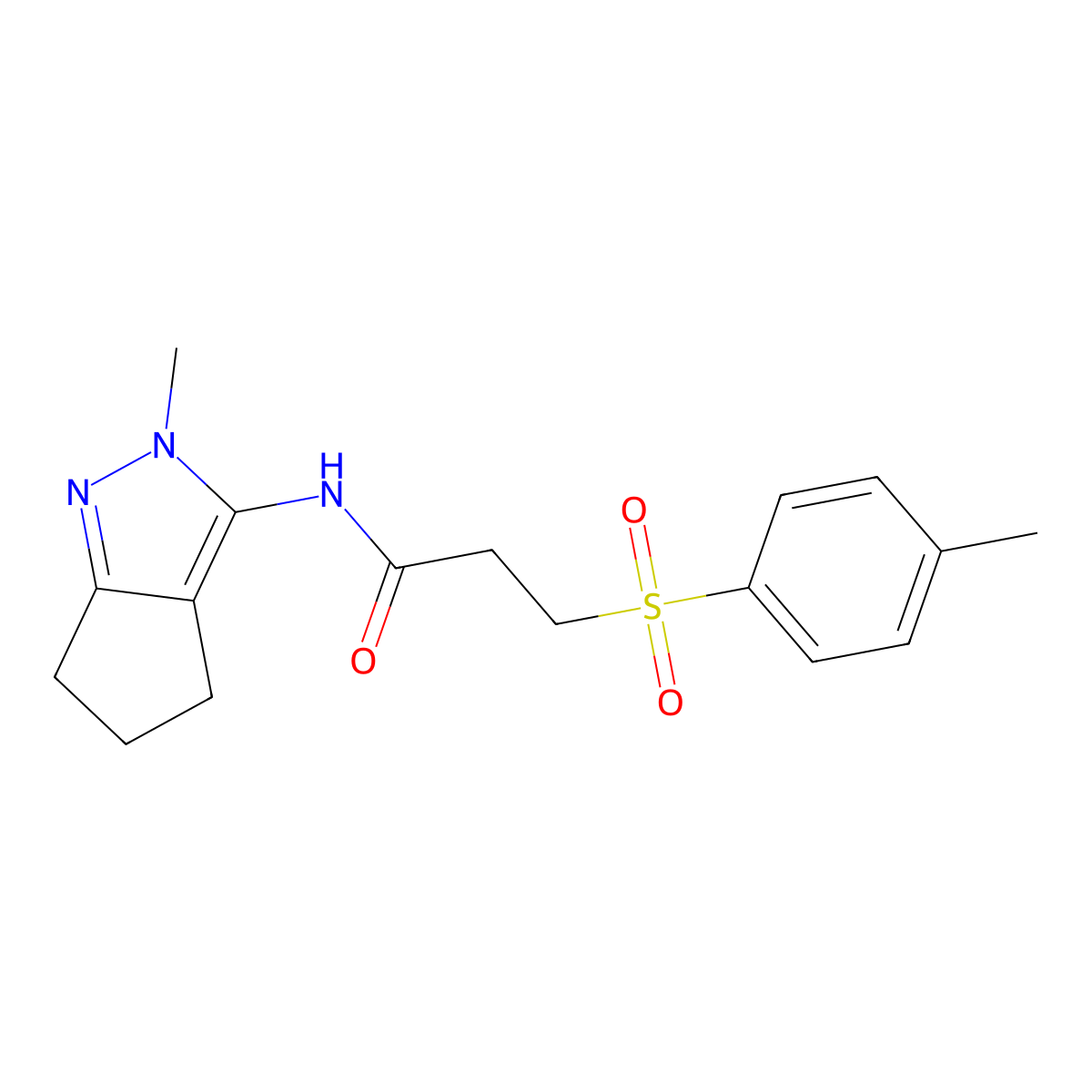 N-(2-methyl-2,4,5,6-tetrahydrocyclopenta[c]pyrazol-3-yl)-3-tosylpropanamide molecular structure, CAS 1209537-37-0