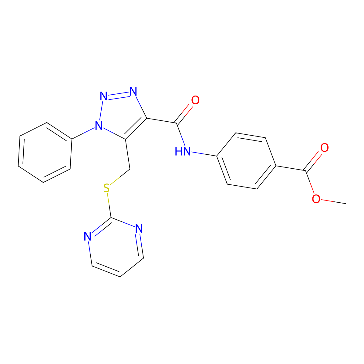 methyl 4-(1-phenyl-5-((pyrimidin-2-ylthio)methyl)-1H-1,2,3-triazole-4-carboxamido)benzoate molecular structure, CAS 1209538-02-2