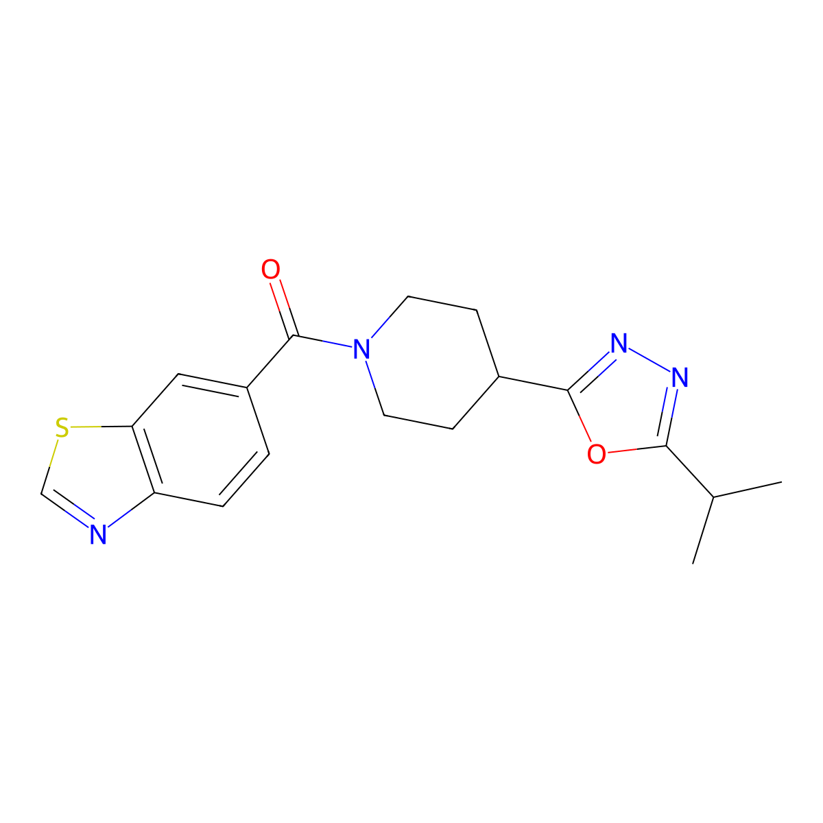 Benzo[d]thiazol-6-yl(4-(5-isopropyl-1,3,4-oxadiazol-2-yl)piperidin-1-yl)methanone molecular structure, CAS 1209550-42-4