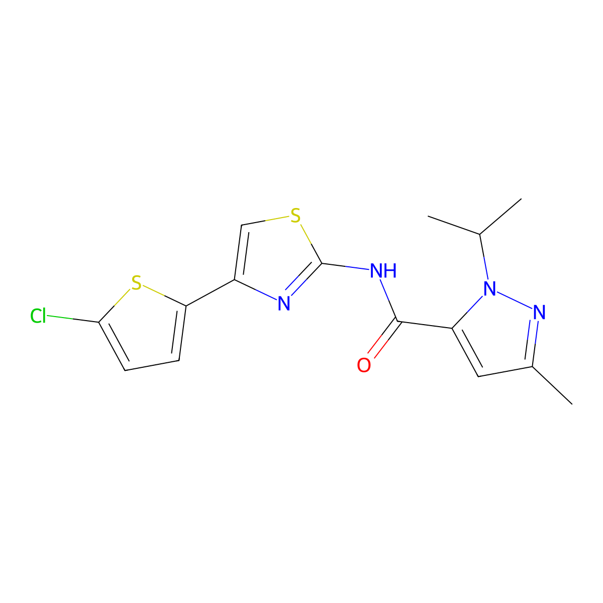 N-(4-(5-chlorothiophen-2-yl)thiazol-2-yl)-1-isopropyl-3-methyl-1H-pyrazole-5-carboxamide molecular structure, CAS 1209553-12-7
