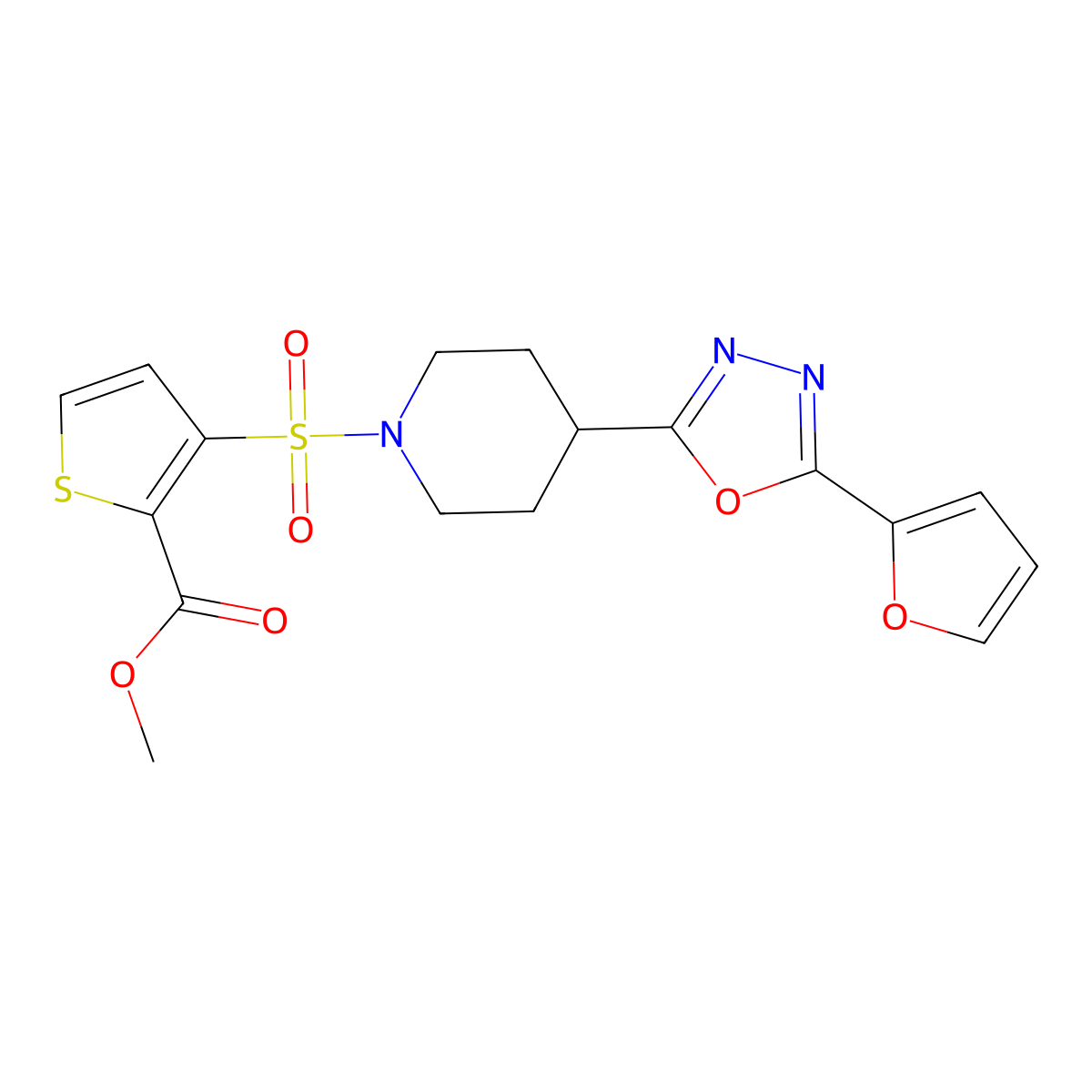 Methyl 3-((4-(5-(furan-2-yl)-1,3,4-oxadiazol-2-yl)piperidin-1-yl)sulfonyl)thiophene-2-carboxylate molecular structure, CAS 1209554-69-7