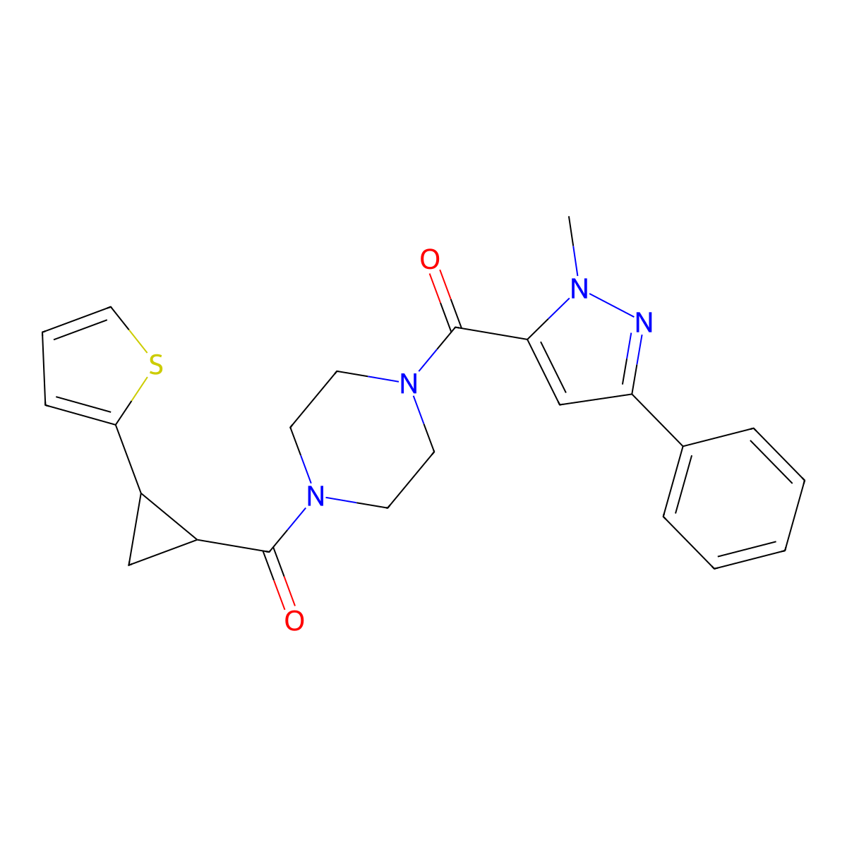 (1-methyl-3-phenyl-1H-pyrazol-5-yl)(4-(2-(thiophen-2-yl)cyclopropanecarbonyl)piperazin-1-yl)methanone molecular structure, CAS 1209555-72-5
