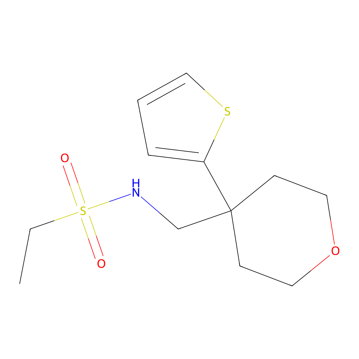 N-((4-(thiophen-2-yl)tetrahydro-2H-pyran-4-yl)methyl)ethanesulfonamide molecular structure, CAS 1209574-36-6