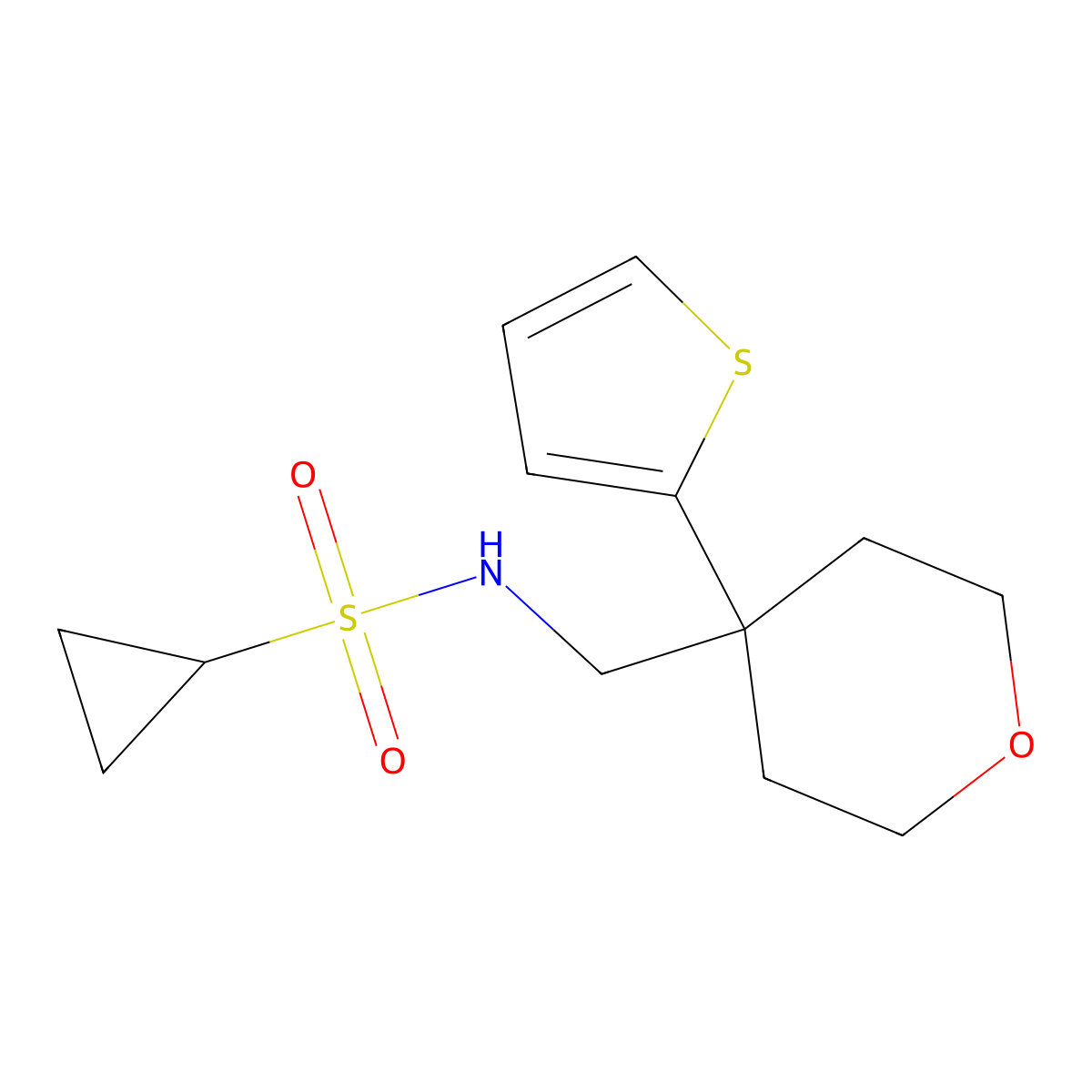 N-((4-(thiophen-2-yl)tetrahydro-2H-pyran-4-yl)methyl)cyclopropanesulfonamide molecular structure, CAS 1209574-72-0