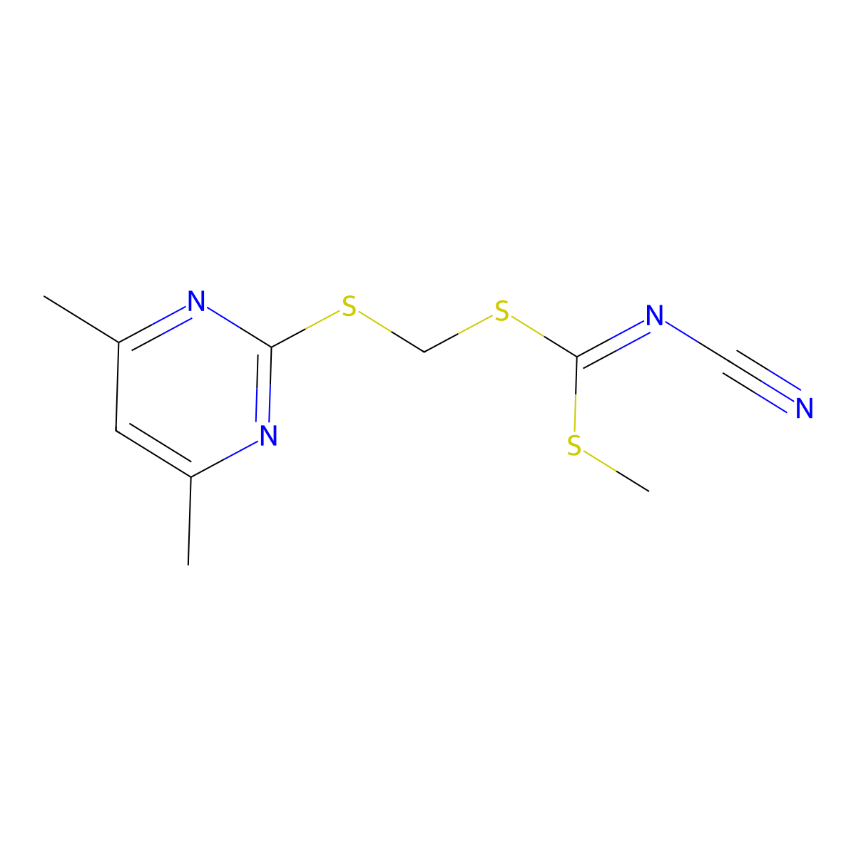 [(4,6-Dimethylpyrimidin-2-yl)sulfanylmethylsulfanyl-methylsulfanylmethylidene]cyanamide molecular structure, CAS 120958-21-6